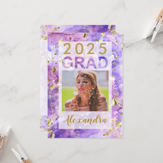 Paarse Gouden Waterverf Art 2025 Foto Afstuderen Kaart (Voorkant / Achterkant in situ)