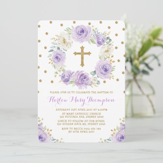 Paarse Gouden Waterverf Bloemdoop Doop Kaart (Staand voorkant)