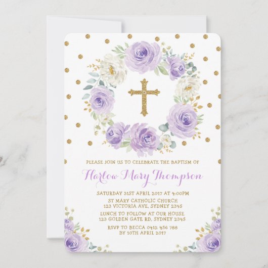 Paarse Gouden Waterverf Bloemdoop Doop Kaart (Voorkant)