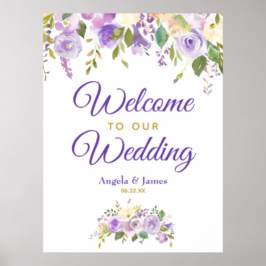 Paarse gouden Waterverf Floral Weddenschap Welkom Poster (Voorkant)