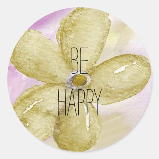 Paarse gouden Waterverf Happy flower Ronde Sticker (Voorkant)