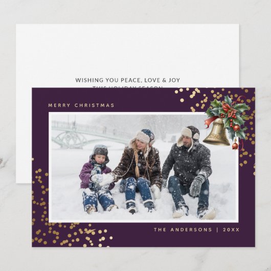 Paarse gouden Waterverf Holly Bell Foto Feestdagenkaart (Voorkant / Achterkant)