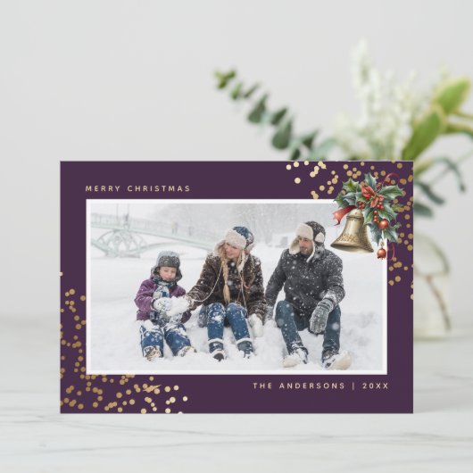 Paarse gouden Waterverf Holly Bell Foto Feestdagenkaart (Staand voorkant)