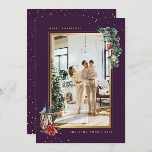 Paarse gouden Waterverf Kerstmis Feestdagenkaart (Voorkant / Achterkant)