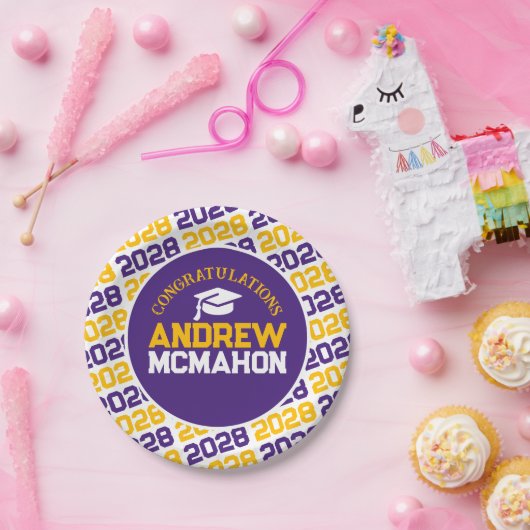 Paarse, gouden & witte Afstuderen gepersonaliseerd Papieren Bordje (Feest)