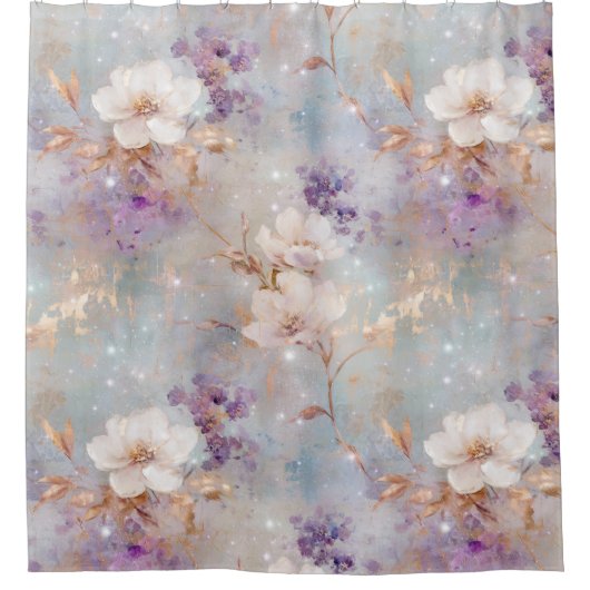 Paarse gouden witte bloemen douchegordijn (Voorkant)