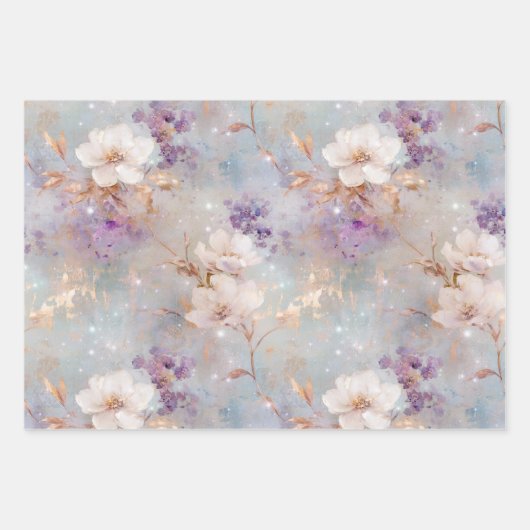 Paarse gouden witte bloemen inpakpapier vel (Voorkant)