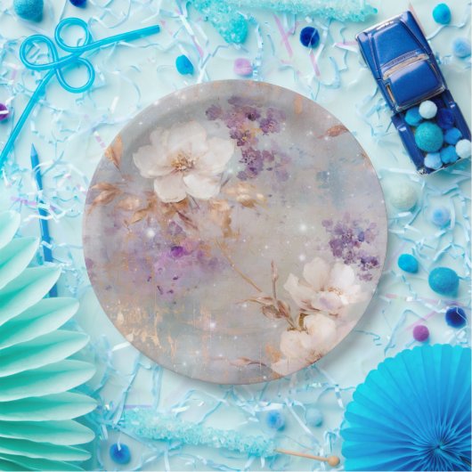 Paarse gouden witte bloemen papieren bordje (Feest)