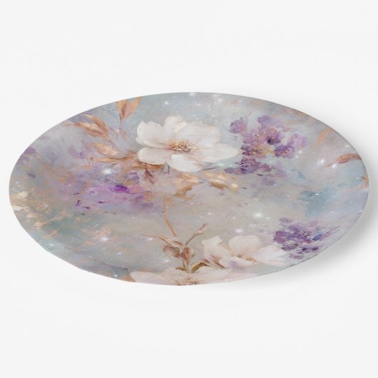 Paarse gouden witte bloemen papieren bordje (Gekanteld)
