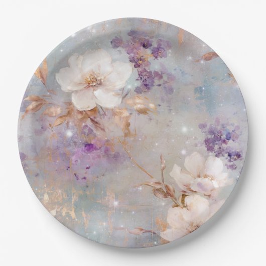 Paarse gouden witte bloemen papieren bordje (Voorkant)