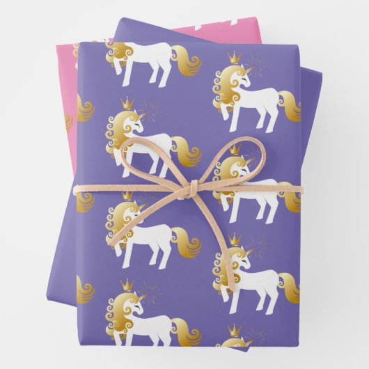 Paarse gouden witte eenhoorn verjaardag inpakpapier vel (In situ)