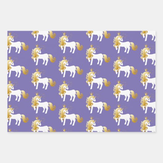 Paarse gouden witte eenhoorn verjaardag inpakpapier vel (Voorkant)