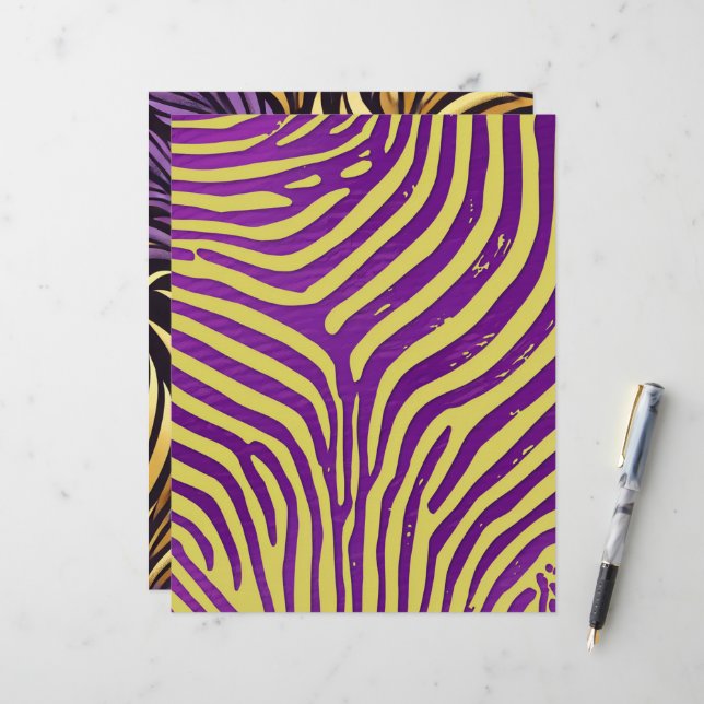 Paarse & Gouden Zebra Stripe Patroon Scrapbook Pap (Voorkant / Achterkant in situ)