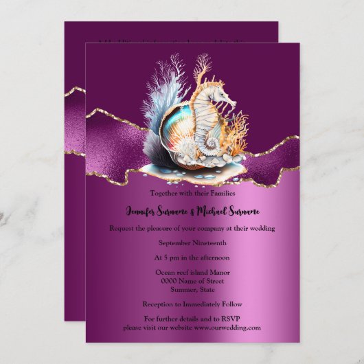 Paarse gouden zeepaardshimmer schelp koraal oceaan kaart (Voorkant / Achterkant)