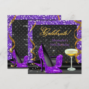 Paarse Gouden Zwarte Glitter Verjaardagsfeest Vier Kaart