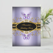 Paarse gouden zwarte juweetvlinder Birthday Party Kaart (Staand voorkant)