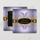 Paarse gouden zwarte juweetvlinder Birthday Party Kaart (Voorkant / Achterkant)