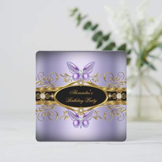 Paarse gouden zwarte juweetvlinder Birthday Party Kaart (Staand voorkant)