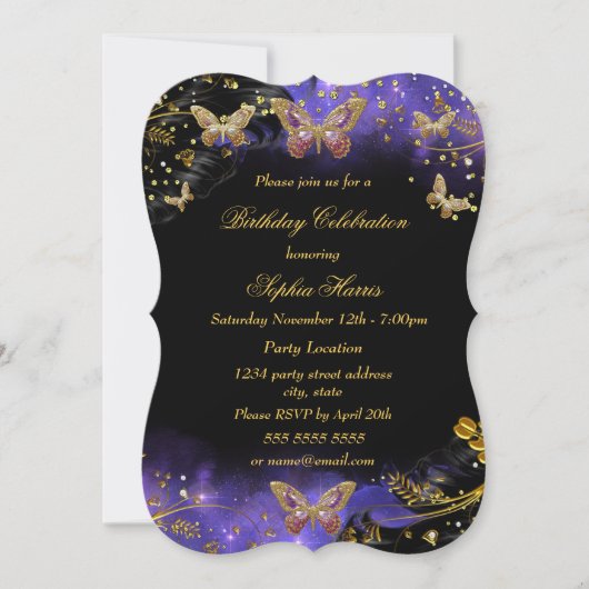Paarse gouden zwarte vlinder kaart (Voorkant)
