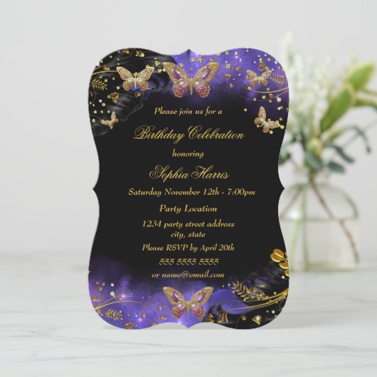Paarse gouden zwarte vlinder kaart (Staand voorkant)
