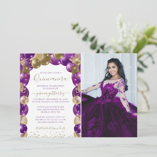Paarse goudfotoballon voor Quinceañera Kaart (Staand voorkant)