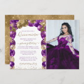 Paarse goudfotoballon voor Quinceañera Kaart (Voorkant / Achterkant)