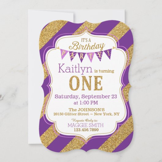 Paarse goudglitter Sparkle First Birthday Invite Kaart (Voorkant)