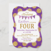 Paarse goudglitter Sparkle Fourth Birthday Invite Kaart (Voorkant)