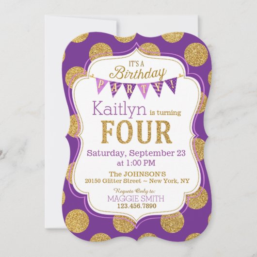 Paarse goudglitter Sparkle Fourth Birthday Invite Kaart (Voorkant)