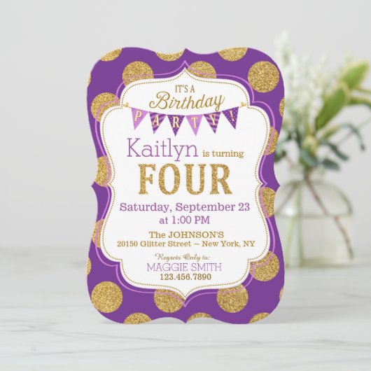 Paarse goudglitter Sparkle Fourth Birthday Invite Kaart (Staand voorkant)