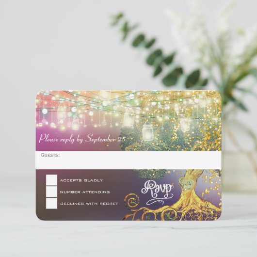 Paarse goudkleurige boeik-sproeier RSVP kaartje (Staand voorkant)