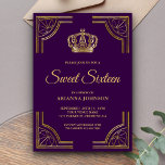 Paarse goudkroon  kroon zoete zestien Kaart<br><div class="desc">Verrijk je gasten met dit koninklijke thema, zestien zoete uitnodigingen met een elegante gouden grens en een mooie kroon. Voeg eenvoudig uw gebeurtenisdetails op deze makkelijk te gebruiken sjabloon toe om het één-van-een-soort uitnodiging te maken. Draai de kaart om een prachtig gouden patroon op de achterkant van de kaart te...</div>