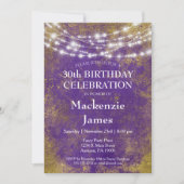 Paarse goudlampjes Birthday Party Invitation Adult Kaart (Voorkant)