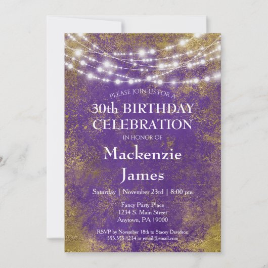 Paarse goudlampjes Birthday Party Invitation Adult Kaart (Voorkant)