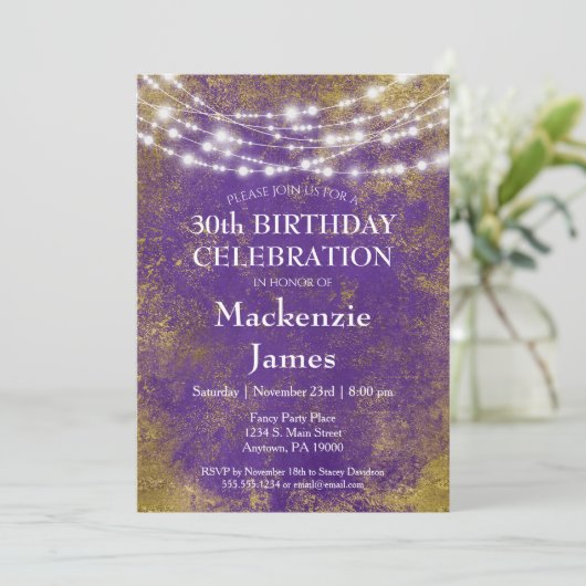 Paarse goudlampjes Birthday Party Invitation Adult Kaart (Staand voorkant)