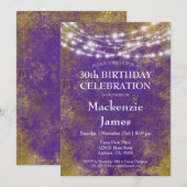 Paarse goudlampjes Birthday Party Invitation Adult Kaart (Voorkant / Achterkant)