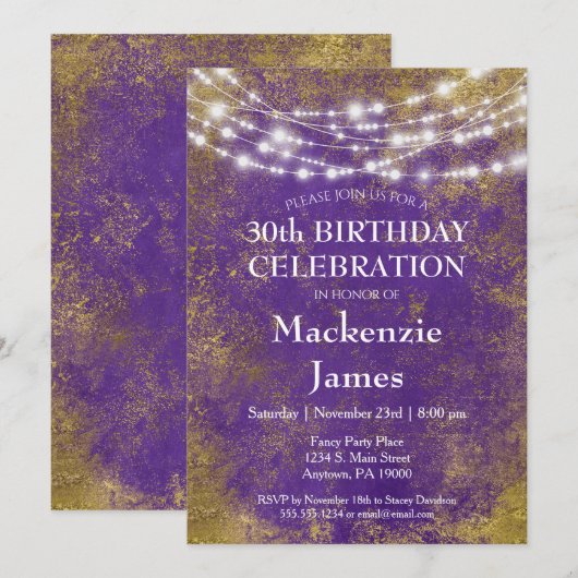 Paarse goudlampjes Birthday Party Invitation Adult Kaart (Voorkant / Achterkant)