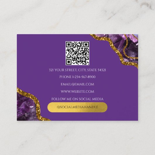 Paarse goudmagegeode Glitter-monogram QR-code Visitekaartje (Achterkant)
