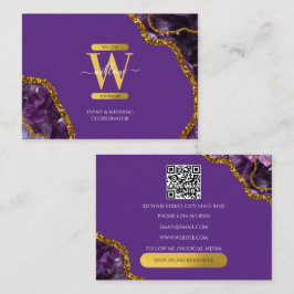Paarse goudmagegeode Glitter-monogram QR-code Visitekaartje