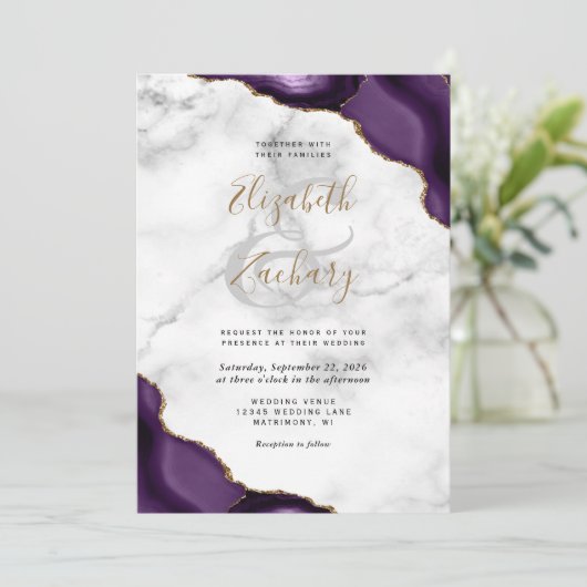 Paarse goudmakerij - marmer Wedding Kaart (Staand voorkant)