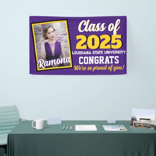 Paarse & goudmonogram & foto-Afstuderen Spandoek (Beurs)