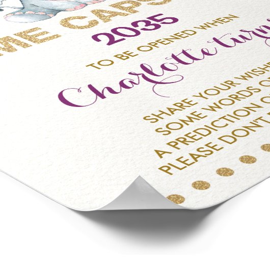 Paarse goudolifantenne Capsule Birthday Sign Poster (Hoek)