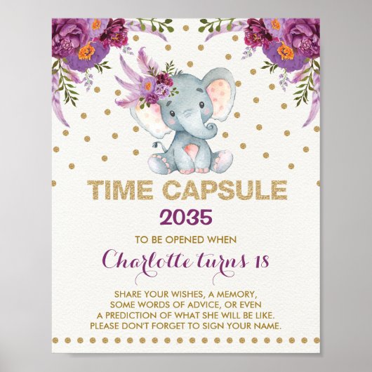 Paarse goudolifantenne Capsule Birthday Sign Poster (Voorkant)