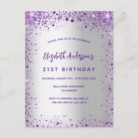 Paarse goudpaars uitnodiging briefkaart (Voorkant)