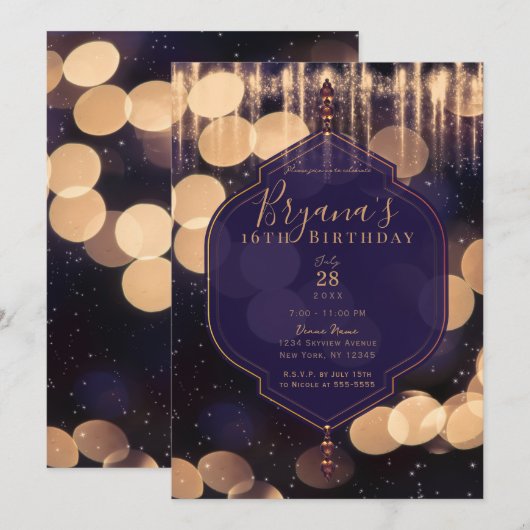 Paarse goudpels licht Mystical Night Sweet 16 Kaart (Voorkant / Achterkant)