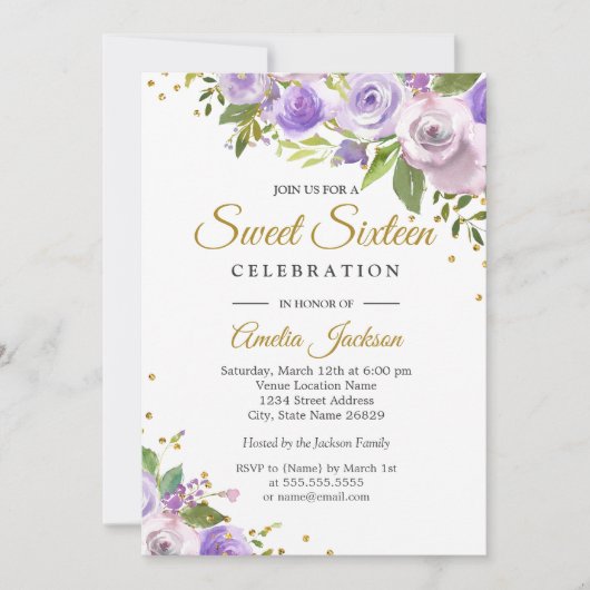 Paarse goudpels - Sweet Sixteen - Invite Kaart (Voorkant)