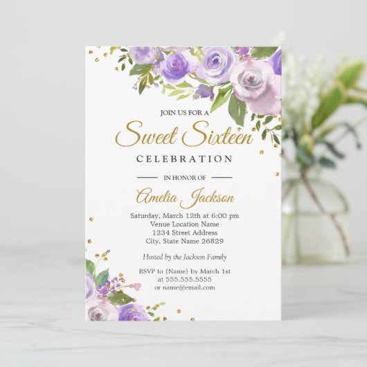 Paarse goudpels - Sweet Sixteen - Invite Kaart (Staand voorkant)