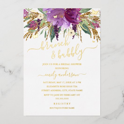 Paarse goudplatenfabriek Amethyst Vrijgezellenfees Folie Uitnodiging (Voorkant)