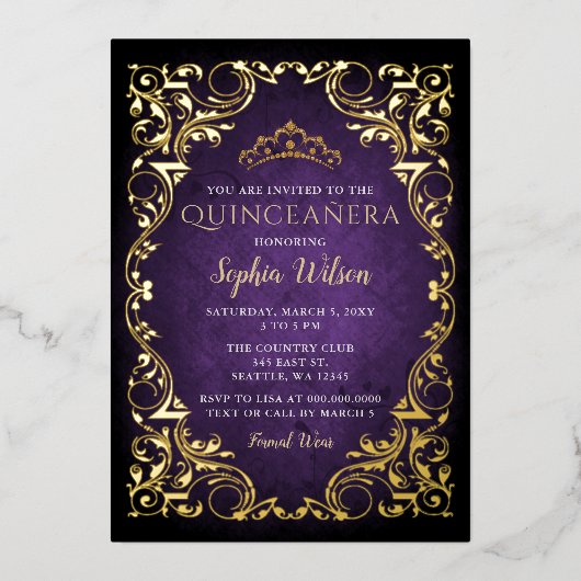  Paarse goudprinses Tiara Quinceañera Folie Uitnodiging (Voorkant)