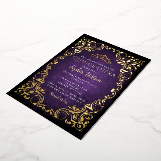  Paarse goudprinses Tiara Quinceañera Folie Uitnodiging (Gedraaid)